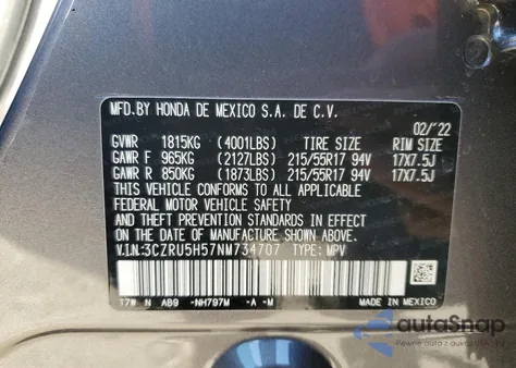 2022 Honda Hr-V Ex from USA, damaged, VIN 3CZRU5H57NM734707